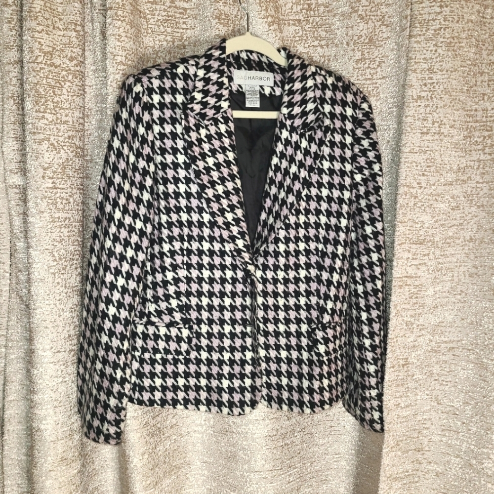 Sag Harbor Black, White & Light Pink Houndstooth Blazer